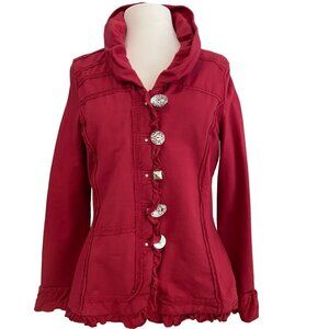 Neon Buddha Button-Up Pink fushia Jacket Ruffled Trim, crystal buttons & Pockets